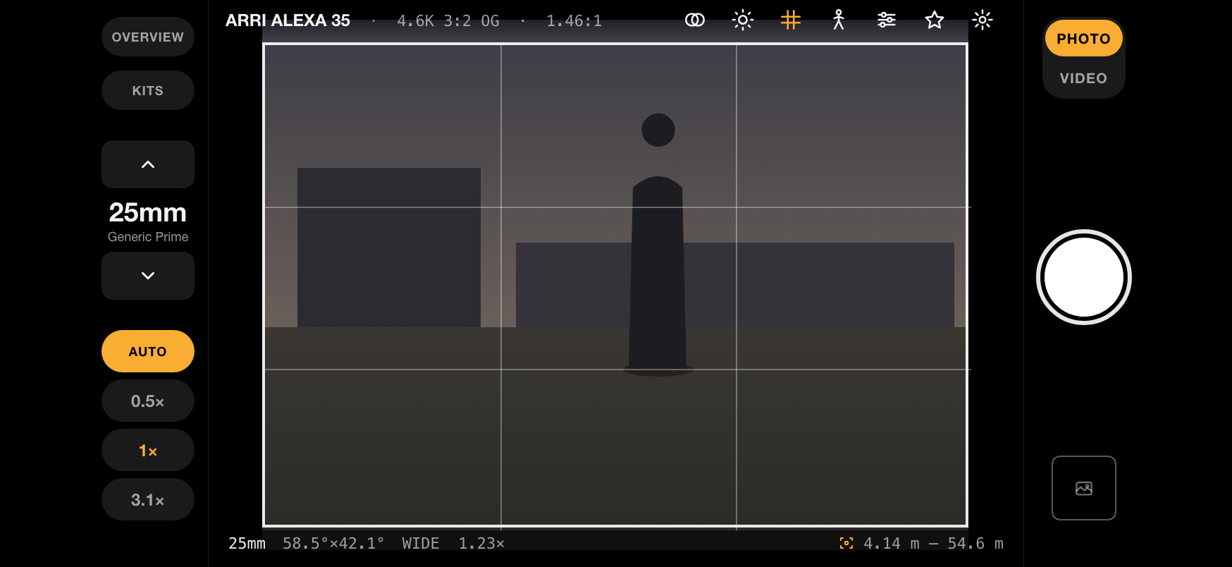 Cutvey Viewfinder on an iPhone held sideways: an ARRI ALEXA 35 at 4.6K 3:2 open gate, 1.46:1, framed on a 25mm prime, with frame lines over the live picture and a readout strip giving the field of view and the depth of field.