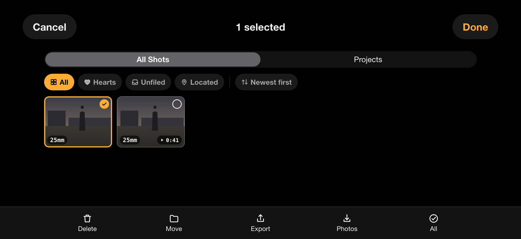 The gallery with All Shots and Projects, filters, a selected still and a take, and the export bar.