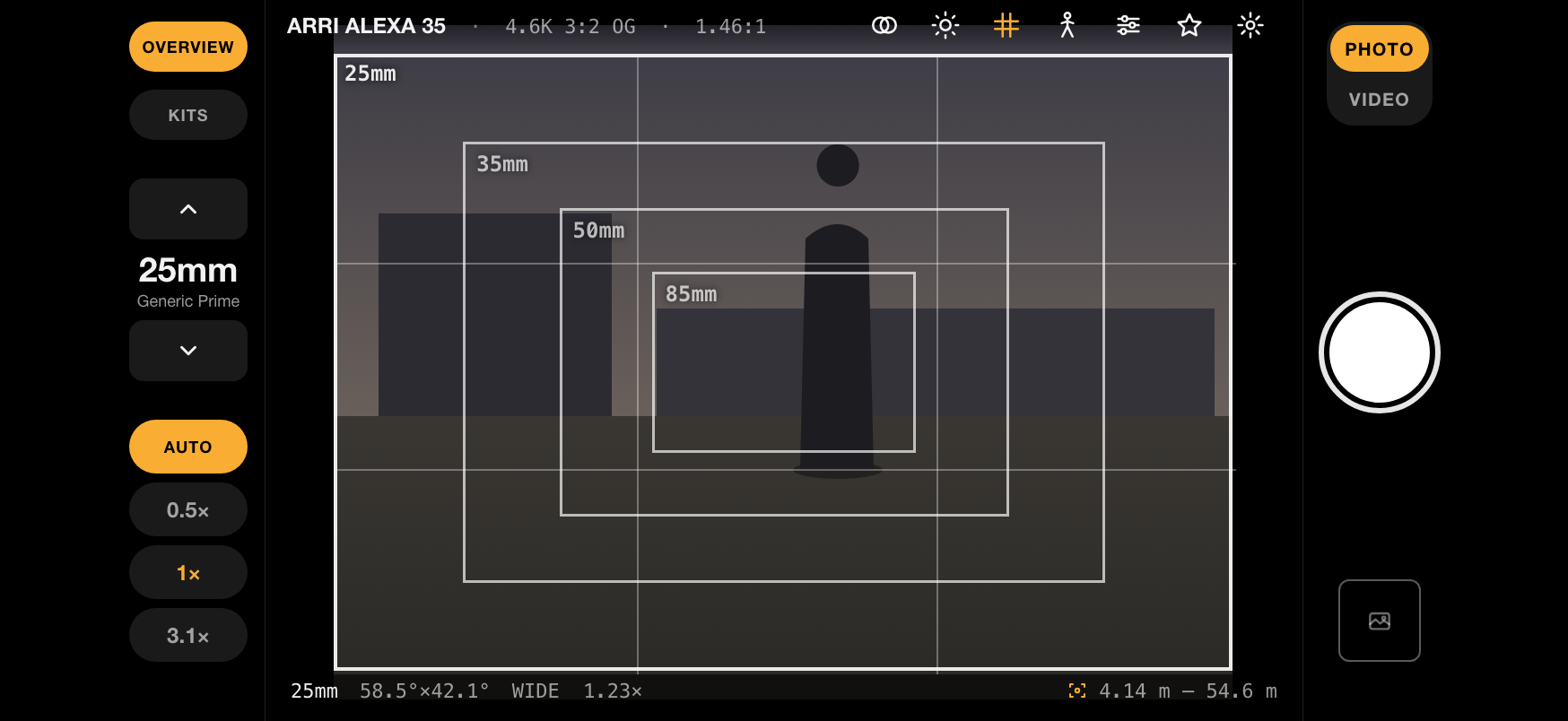 Overview mode drawing the 25mm, 35mm, 50mm and 85mm frames at once over the same picture, each labelled with its focal length.