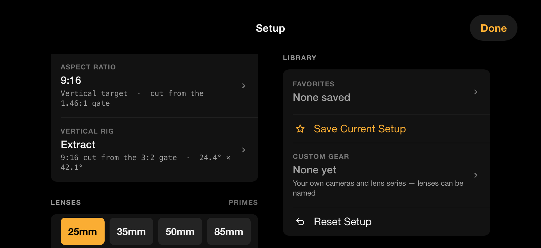 The Setup sheet: aspect ratio, the vertical rig, the lens row and a library of favourites and custom gear.