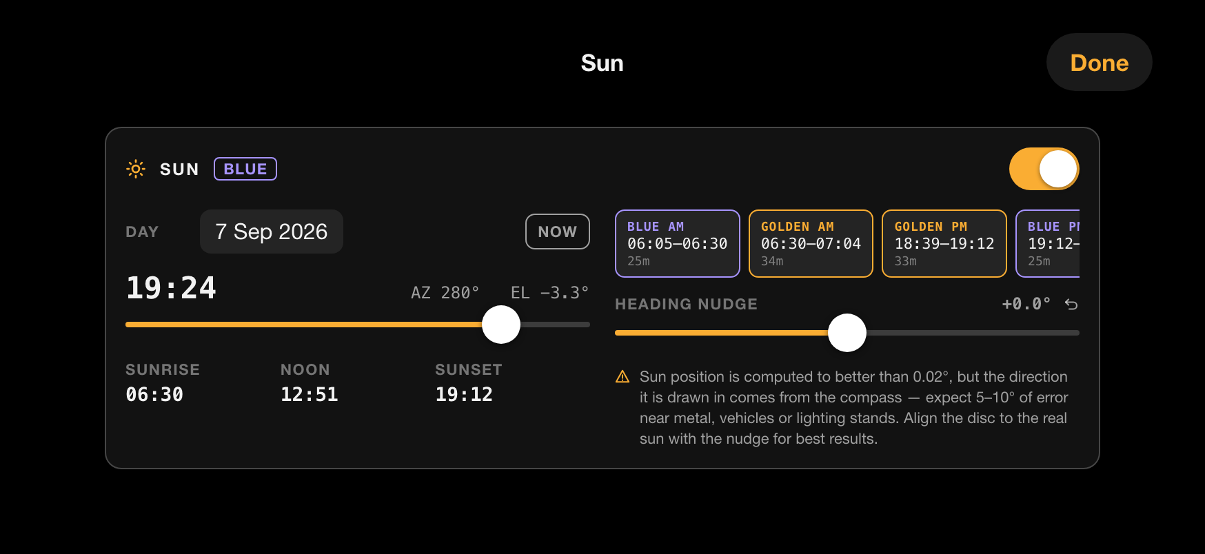 The Sun panel: the day, the time scrubber, azimuth and elevation, sunrise, noon and sunset, and the golden and blue hour windows.